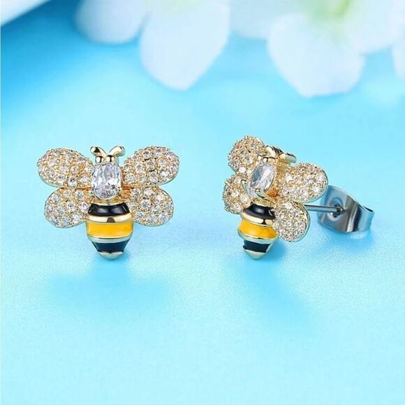 Stainless Steel Cubic Zirconia Bee Stud Earrings - Picture 3 of 9